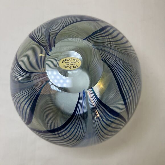 Vtg Robert Held Clear Iridescent Pulled Feather Blue White Round Vase 7” Signed - Picture 5 of 8